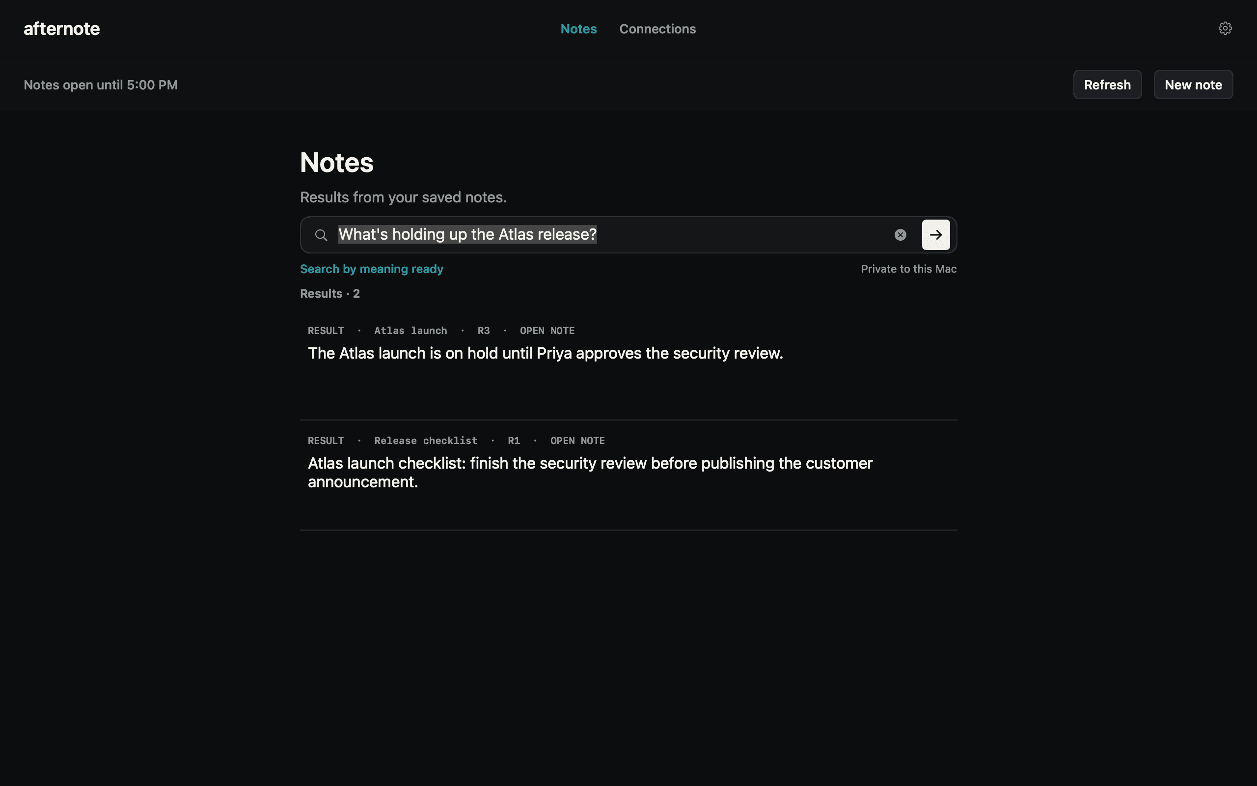 Afternote Notes showing a semantic search of synthetic example notes